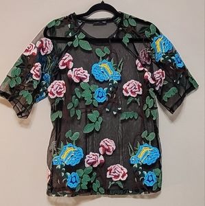 Zara embroidered sheer mesh shirt